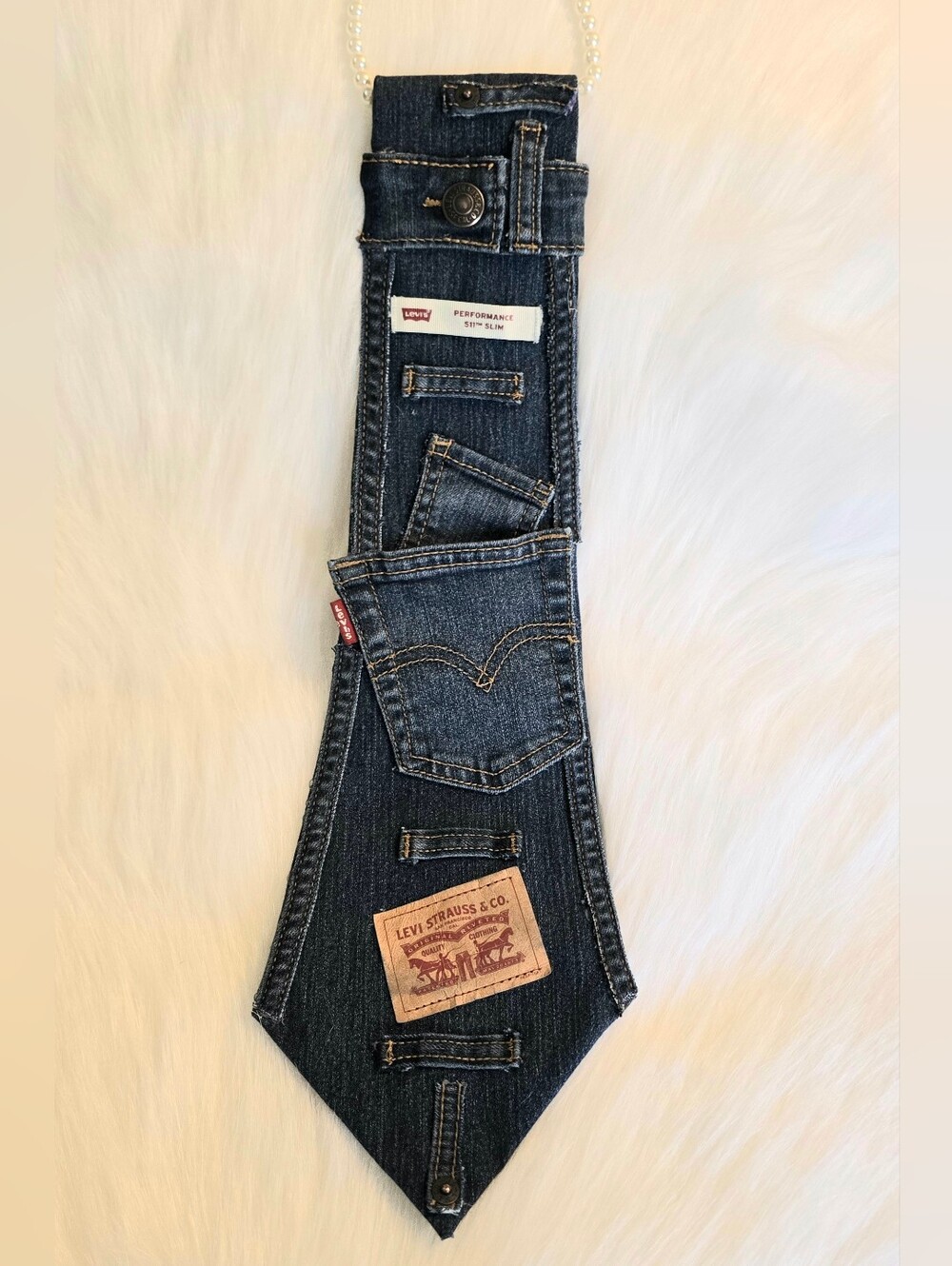 Custom Levi's Dark Indigo Blue Jean Necktie Necklace With Faux Pearl Necklace
